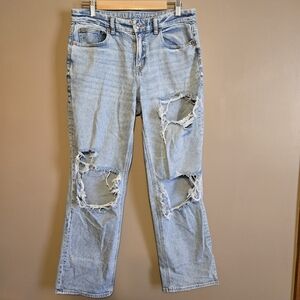 American Eagle Outfitters Light Blue Denim Jeans with Tan Leather Patch
